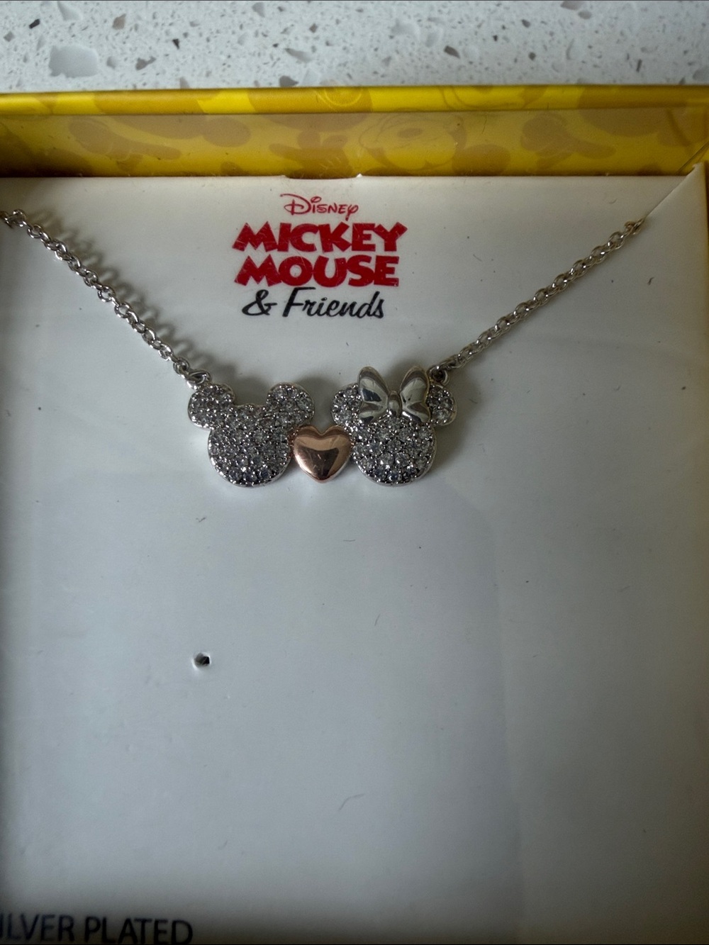 Disney Silver & Rose Gold Mickey Mouse & Minnie Crystal Heart Necklace